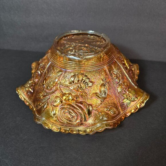 Vtg Imperial Glass American Beauty Open Rose Marigold Riffle Carnival Glass Bowl - Picture 8 of 14